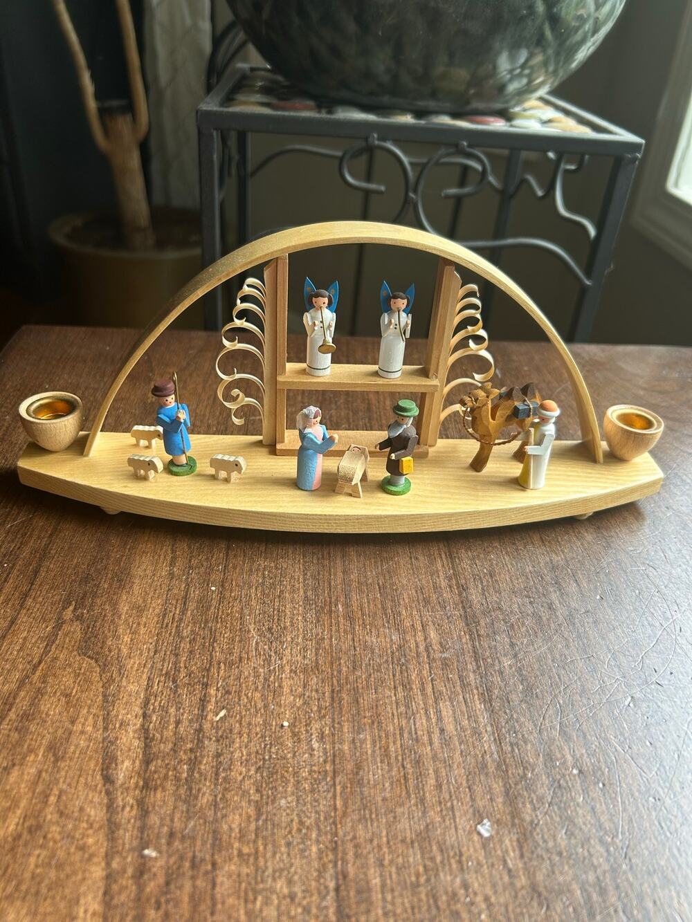 Vintage German wooden nativity candle arch Schwibbogen handcrafted Erzgebirge